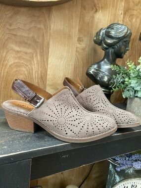 Perforated Taupe Slingback Block Heel Mules
